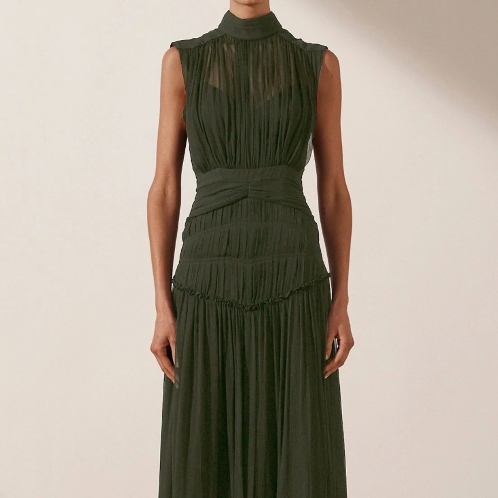 Shona Joy Clemence High Neck Midi Dress in Olive - size 4